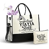 InnoBeta Yiayia Gifts Canvas Tote Bag for Grandma, Important Stuff Bag with Top Zipper Closure and Shoulder Strap for Birthday, Mother's Day, Christmas