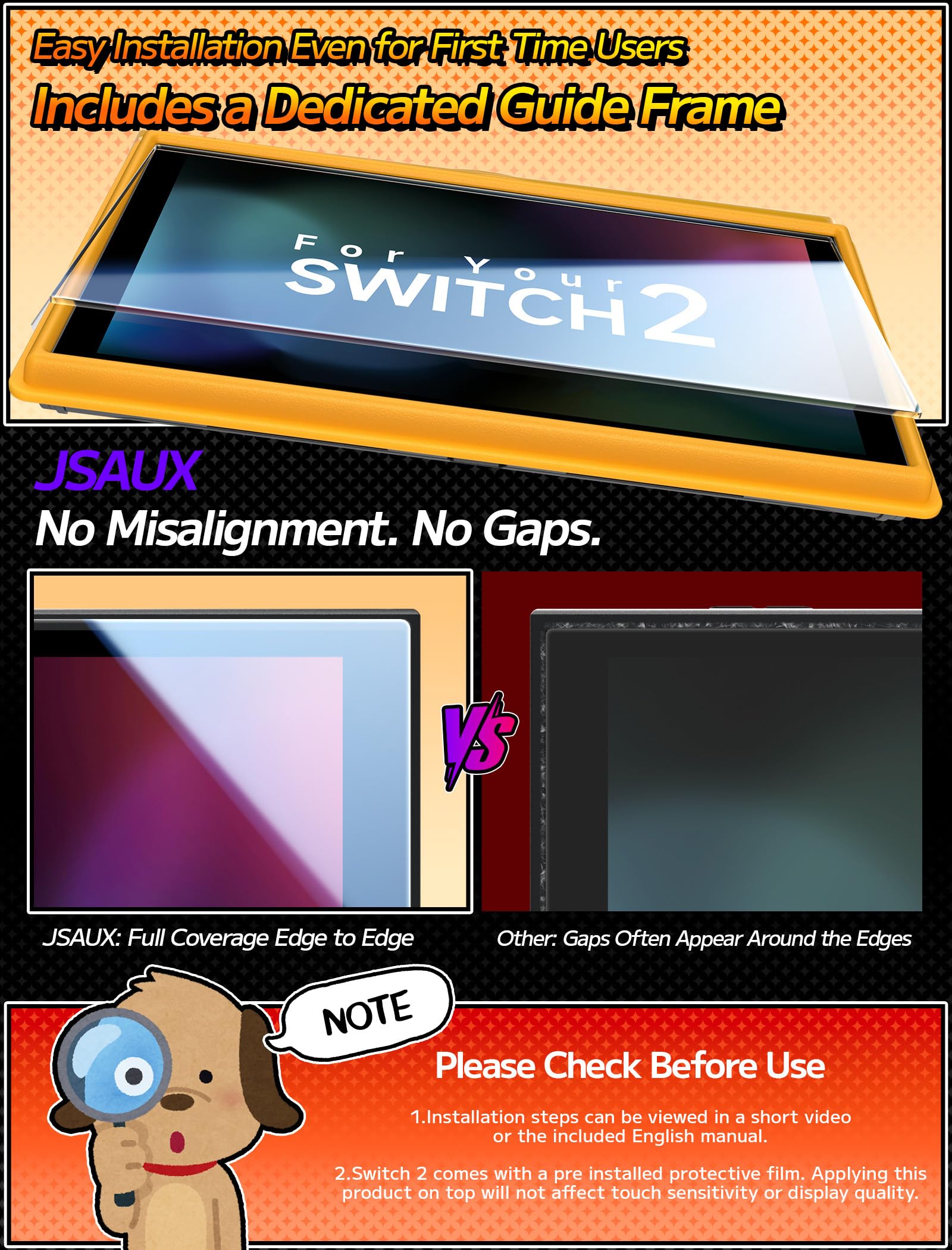 JSAUX 3er-Pack Schutz Glas für Nintendo Switch 2 (2025), Einfache Installation mit Montagerahmen, Ultra HD Displayschutzfolie mit 9H Härte, Kratzfest, Full-Screen Abdeckung, Schutz Zubehör 3