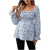 MakeMeChic Women's Maternity Blouse Floral Square Neck Ruffle Sleeve Shirts Peplum Shirred Business Office Work Tops