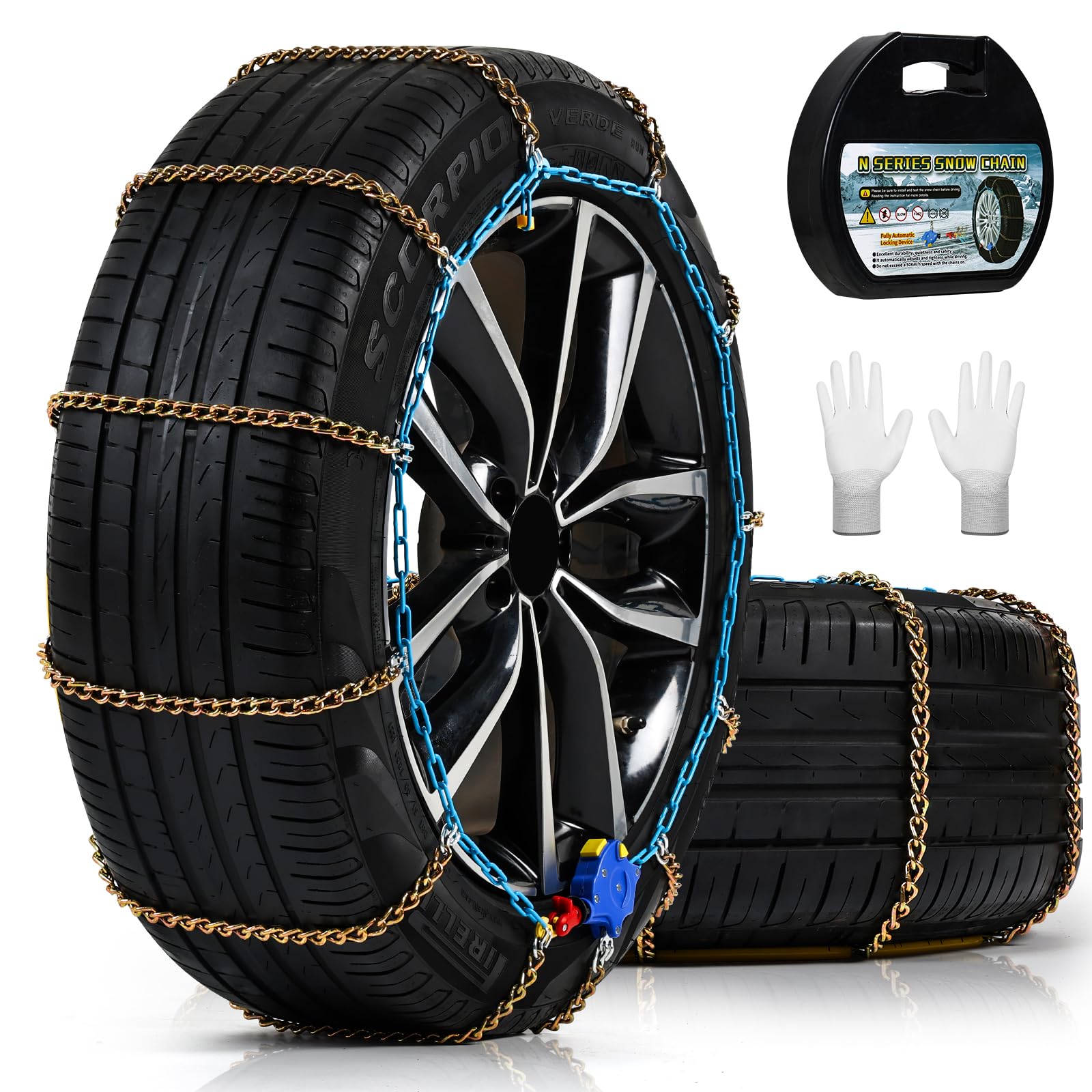 Photo 1 of Auto Tightening Snow Chains for Cars, SUVs & Pickup Trucks – 1-Min Quick-Fit Auto Installation, Reusable Universal Emergency Traction Tire Chains – Set of 2?ALN160?
