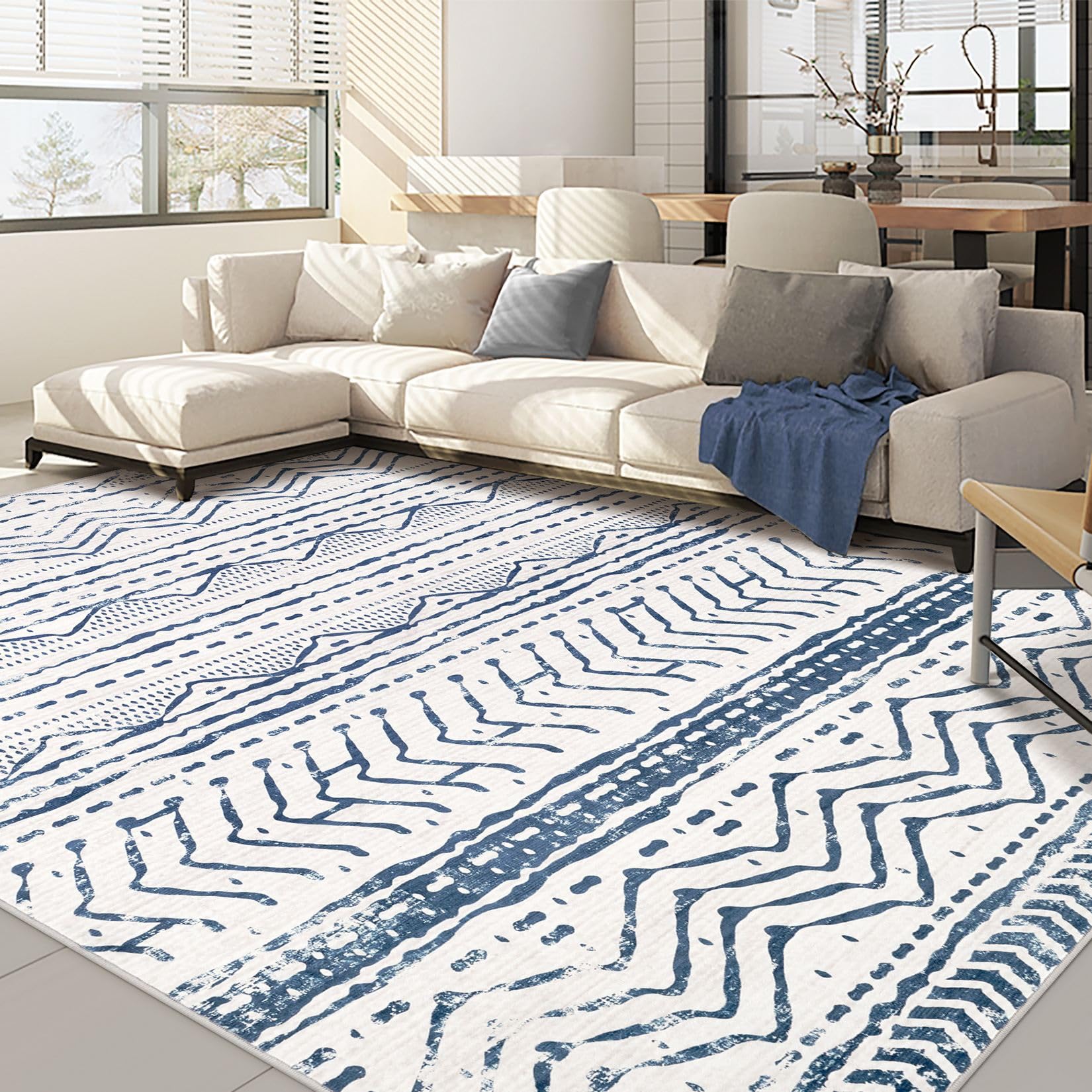 Photo 1 of Nakagishi Area Rugs 8x10 Living Room: Washable Boho Large Neutral Soft Farmhouse Rug Stain Resistant Modern Moroccan Non-Slip Indoor Carpet for Bedroom Nursery Kids Playroom Office Dining Room- Navy
