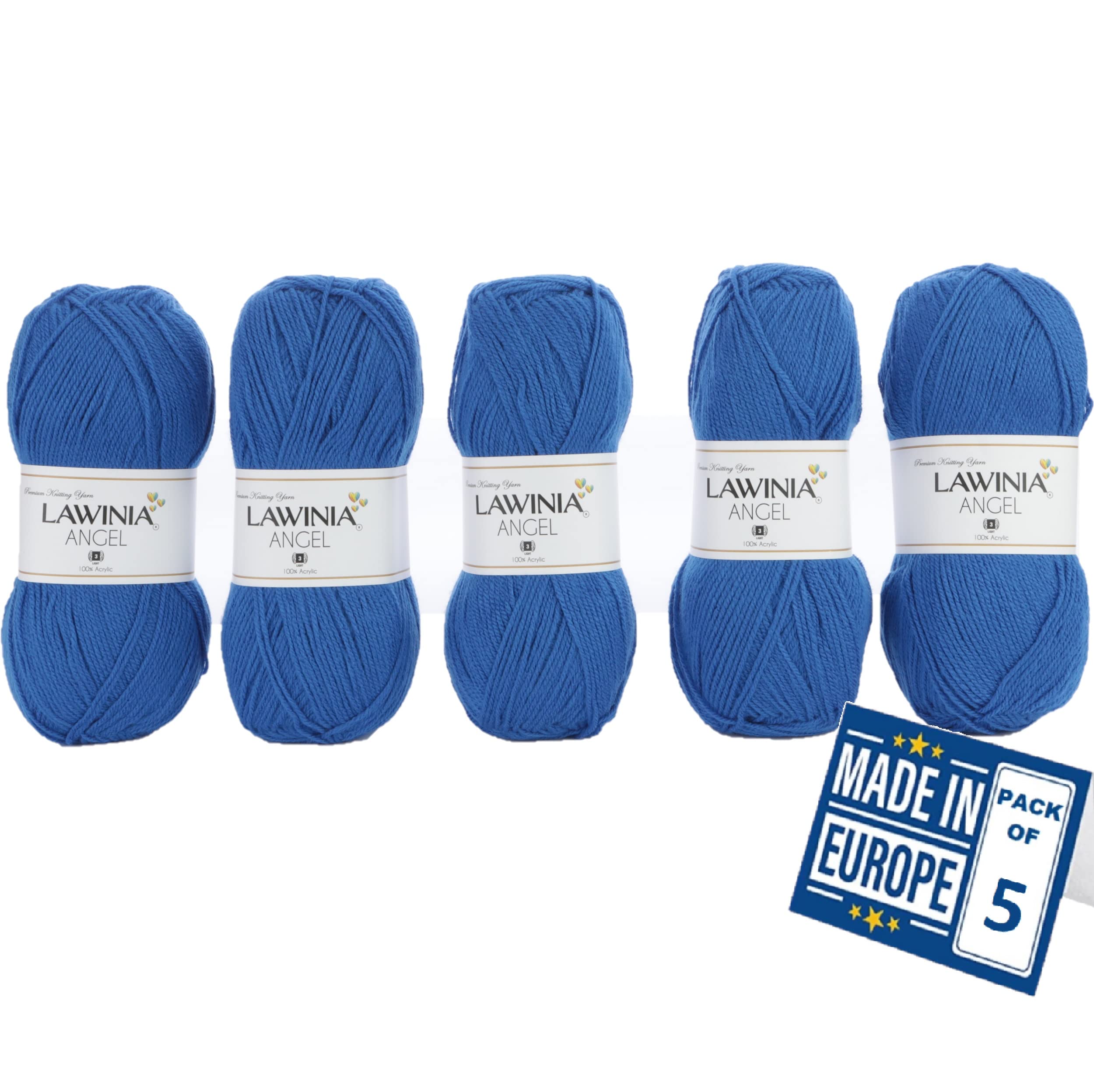 LAWINIA - ANGEL Premium DK Double Knitting Wool 100g Balls, Pack of 5, Each 280m 100% Acrylic OEKO-TEX Certified, Hypoallergenic & Vegan, and Crochet Yarn, ANG-014 Blue
