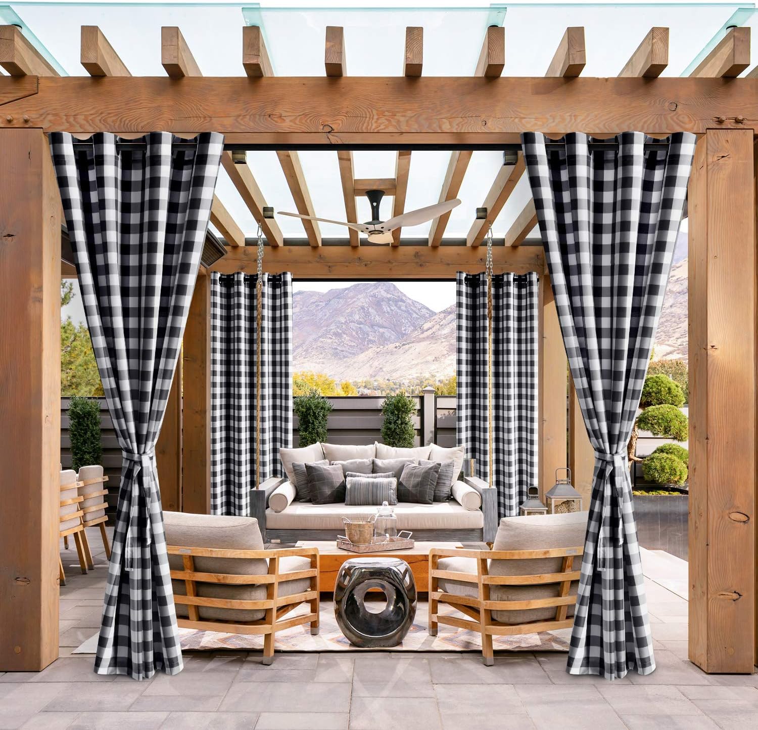 Outdoor Curtains - Hiasan Buffalo Plaid Pergola Curtains Outdoor Waterproof - Grommet Weighted Semi Sheer Curtains for Patio, Porch and Cabana, 52 x 95 Inches Long, Black and White, Set of 2 Panels and 2 Tiebacks