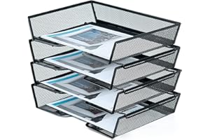 SETTFRFE 4 Tier Metal Mesh Desk Organizer-Stackable Letter Trays for Office Supplies,Black File Storage System with Reinforced Edges