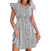 CUPSHE Women's Mini Dress V Neck Flutter Sleeve Striped Smocked Waist A Line Short Summer Cocktail Dress