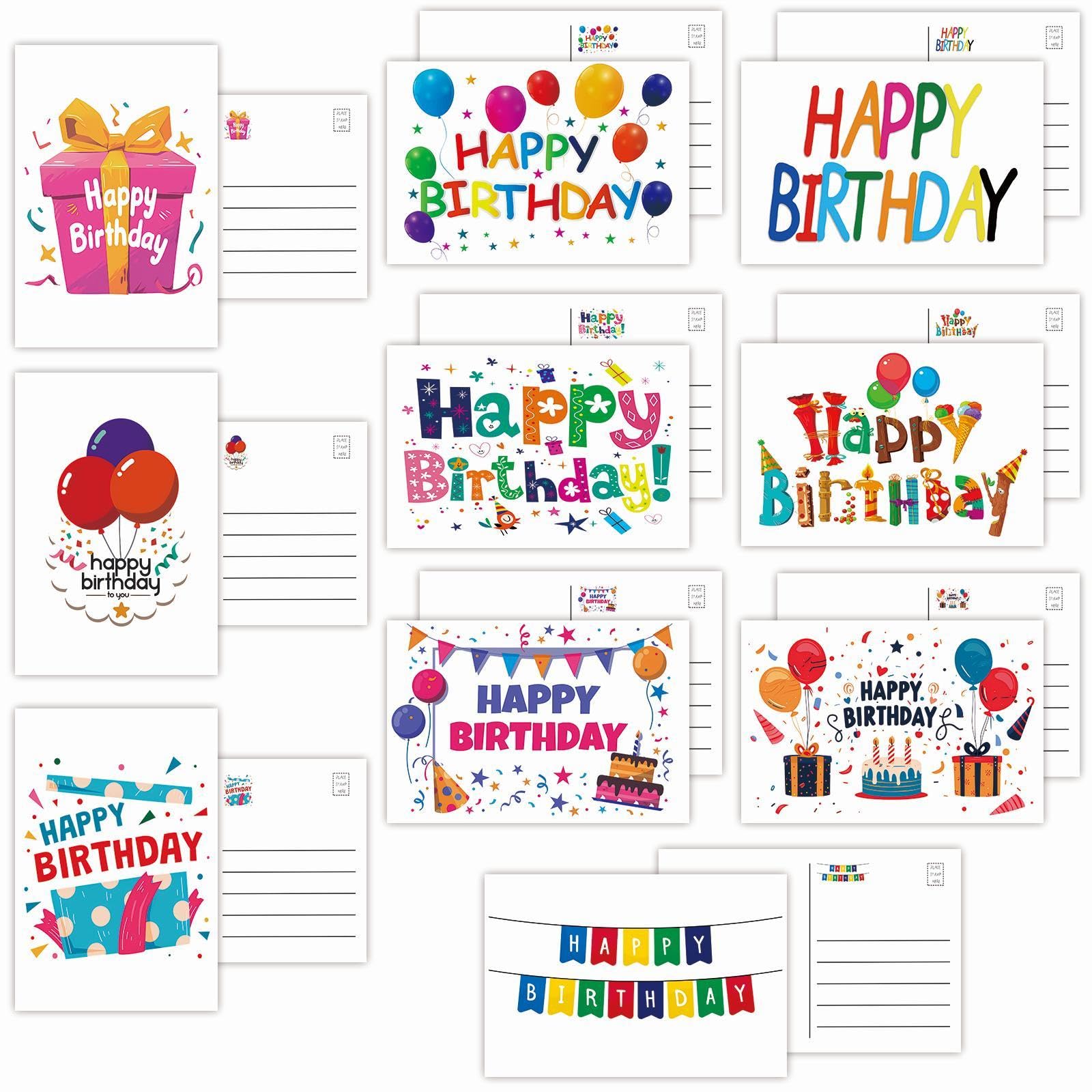 Photo 1 of 100 Pack Happy Birthday Cards Bulk - 10 Unique Designs 4x6 Inch Blank Greeting Cards for Women, Men, Kids & Seniors, Perfect for Parties & Gifts