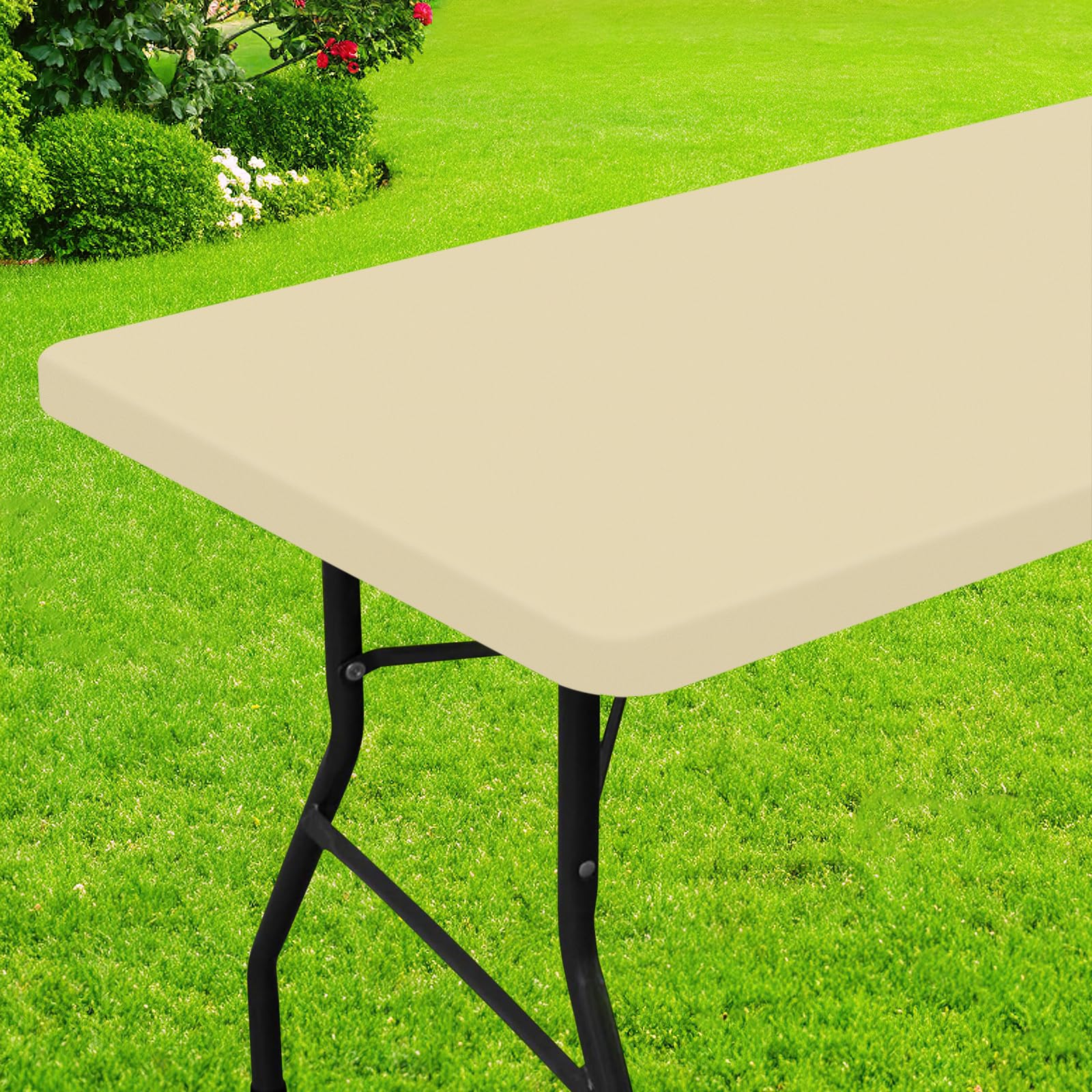 Photo 1 of Smiry Rectangle Picnic Table Cloth, Waterproof Elastic Fitted Tablecloths for 8 Foot Tables, Washable Polyester Table Cover for Camping, Indoor and Outdoor (Champagne, 30"x96")