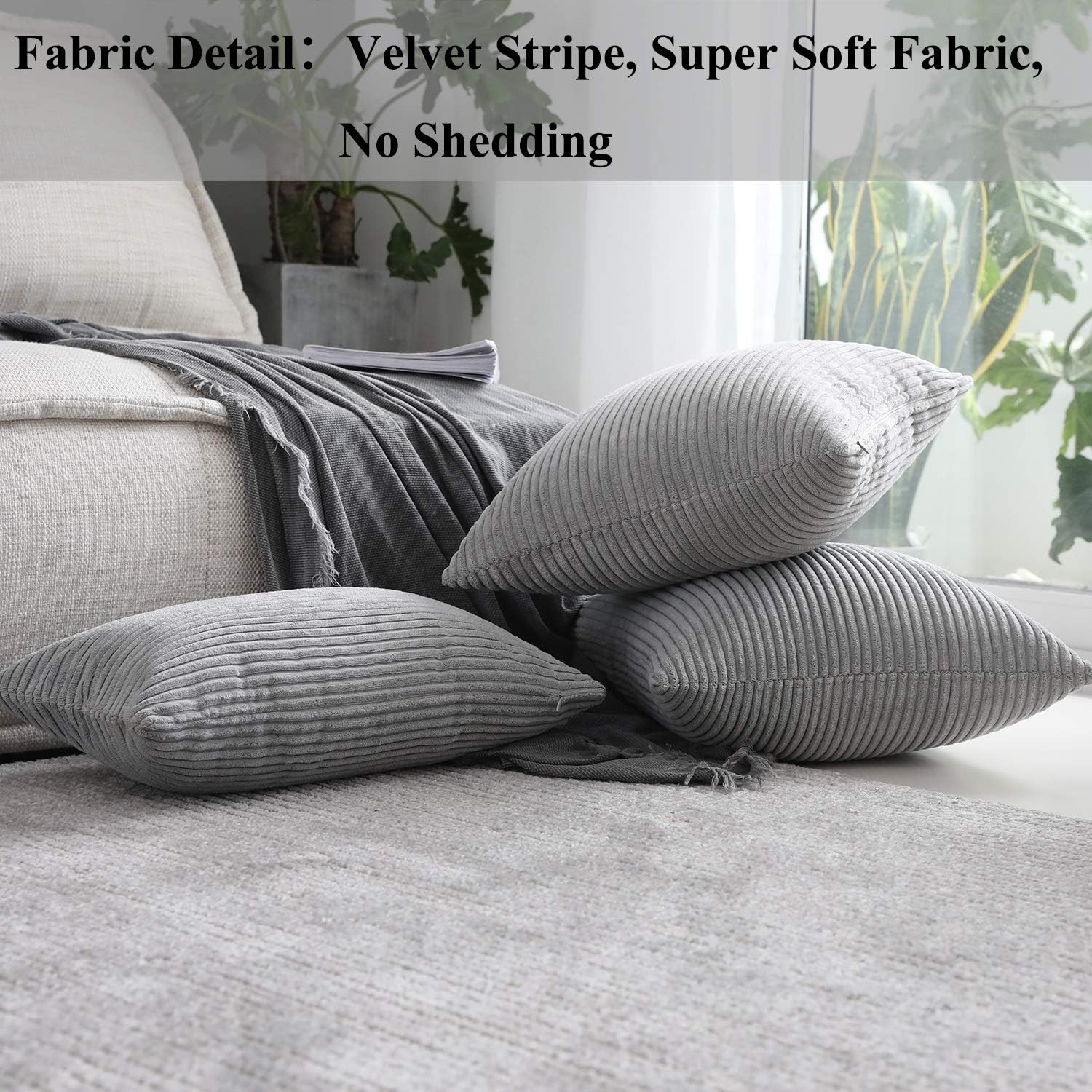 Home Brilliant Holiday Decor Throw Pillows Striped Velvet Cushion Cover for Chair Couch Decorative Pillowcase, Set of 2, Light Grey, 18x18 Inches (45cm): Home & Kitchen