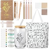 Singhoow 29 Pcs Bible Journaling Kit 16 oz Glass Cup Canvas Bag Leather Notebook Highlighters and Pens Sticky Note Tapes Valentines Day Gift Bible Study Supplies for Teacher Women Nurse(Boho,Khaki)