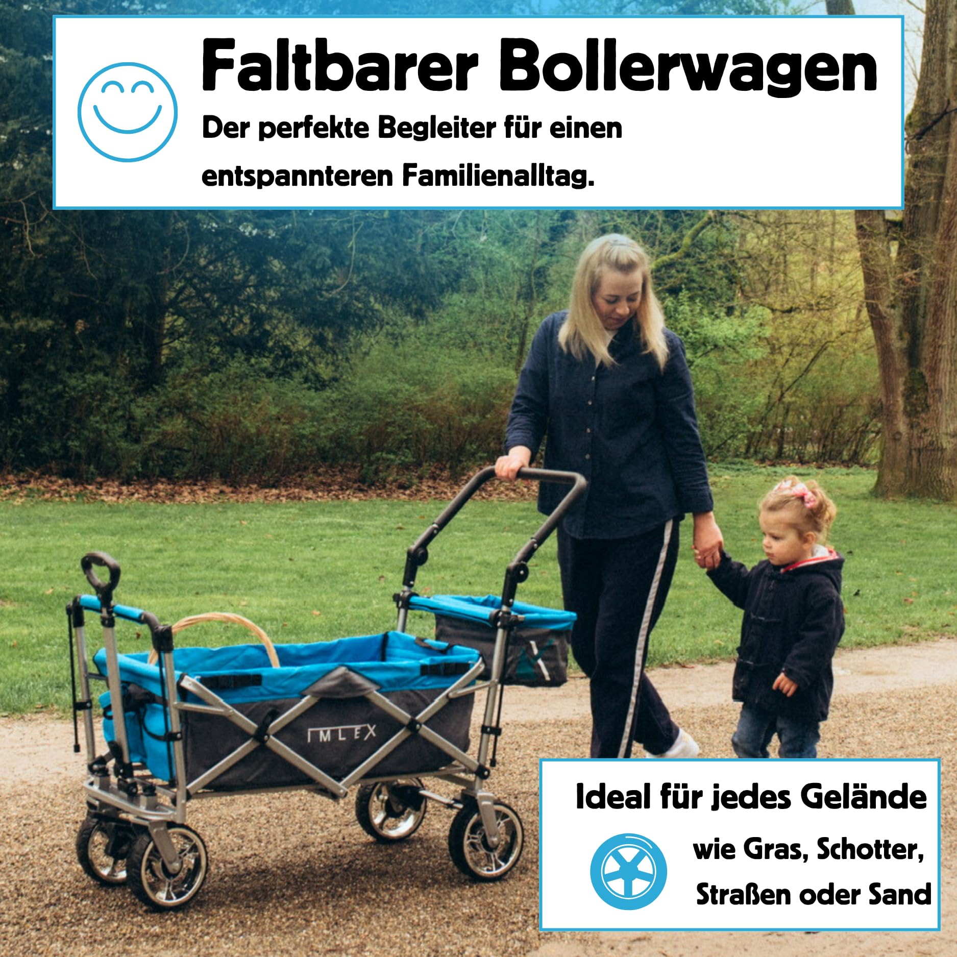 IMLEX Bollerwagen faltbar XXL mit Dach – Handwagen für 2 Kinder bis 80 kg – Schiebegriff & Zugstange – Geländereifen – kompakt klappbar für Strand, Camping, Garten, Zoo & Freizeit IM-4268 Türkis 3