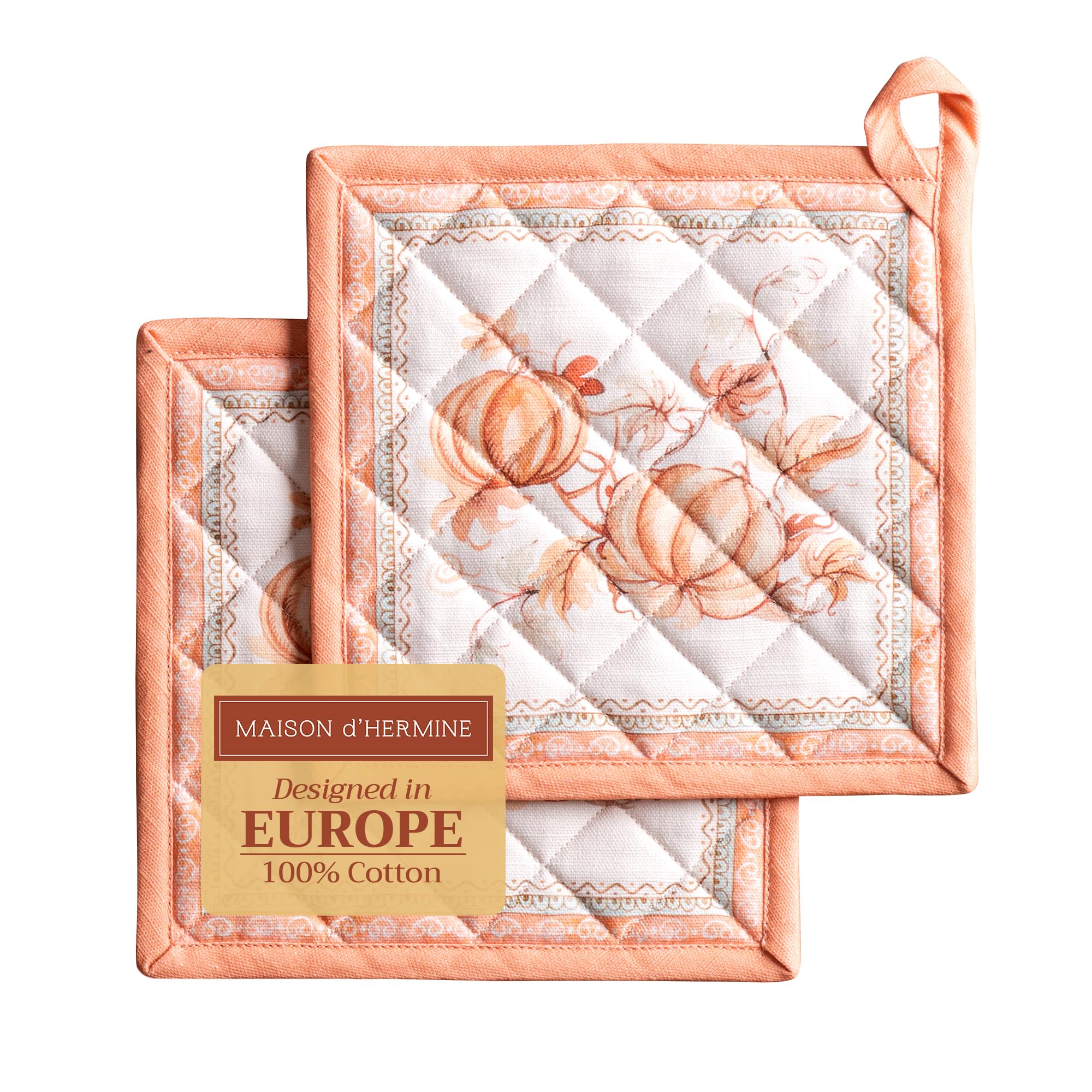 Maison d' Hermine Pot Holders Set 100% Cotton Heat Resistant Potholders 20 cm x 20 cm Hot Pads with Loop for Christmas Decorations BBQ Cooking Baking Handling Hot Pans (Pack of 2, Giving Thanks)