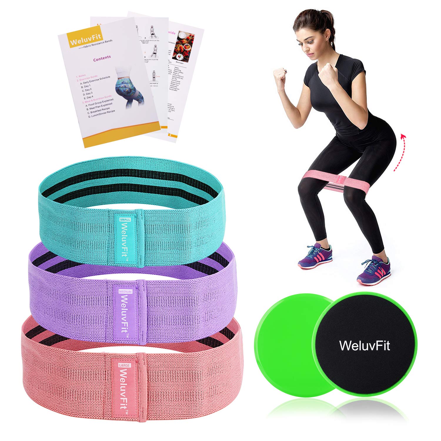 WeluvFit Booty Resistance Workout Hip Exercise Bands Set and Core Sliders- Fabric Fitness Loop Circle for Abs, Squats, Legs, Butt - Thigh and Wide - Travel Pouch, Training and Recipe Booklet Included