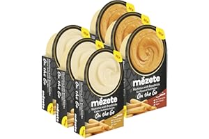 Mezete Hummus Variety Pack with Bread Sticks | 100% All-Natural Dips and Spreads | Ready to Go Vegan Dip | Shelf-Stable with No Preservatives | On-the-Go | Pack of 6
