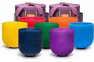 TOPFUND Chakra Set of 7 Color Crystal Singing Bowls 6-10 inch with Heavy Duty Carrying Cases and Singing Bowl Mallets