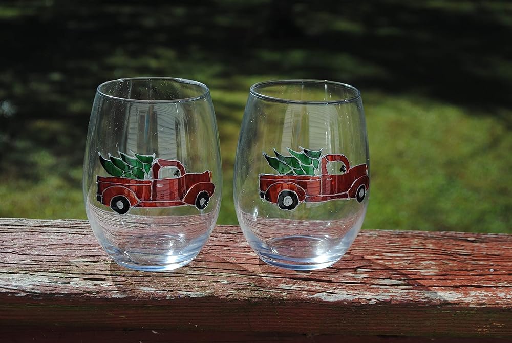 2 Red Vintage Pickup Truck and Christmas Tree Stemless Wine