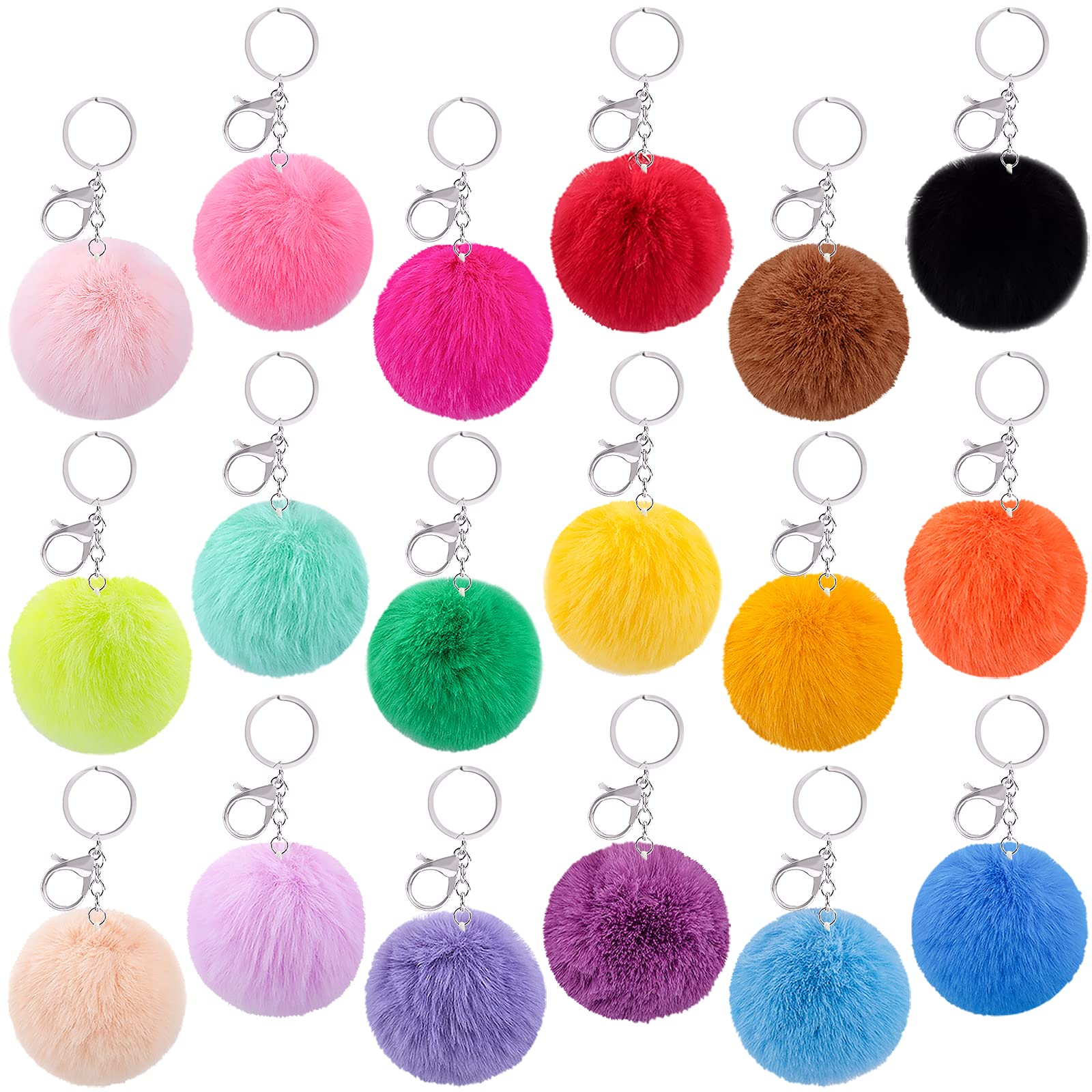 BQTQ 18 Pieces Pom Pom Keychains Faux Rabbit Fur Pom Pom Balls Keyring Fluffy Pom Pom with Keychain Hooks for Women Girls Bag Accessories, 18 Bright Colours