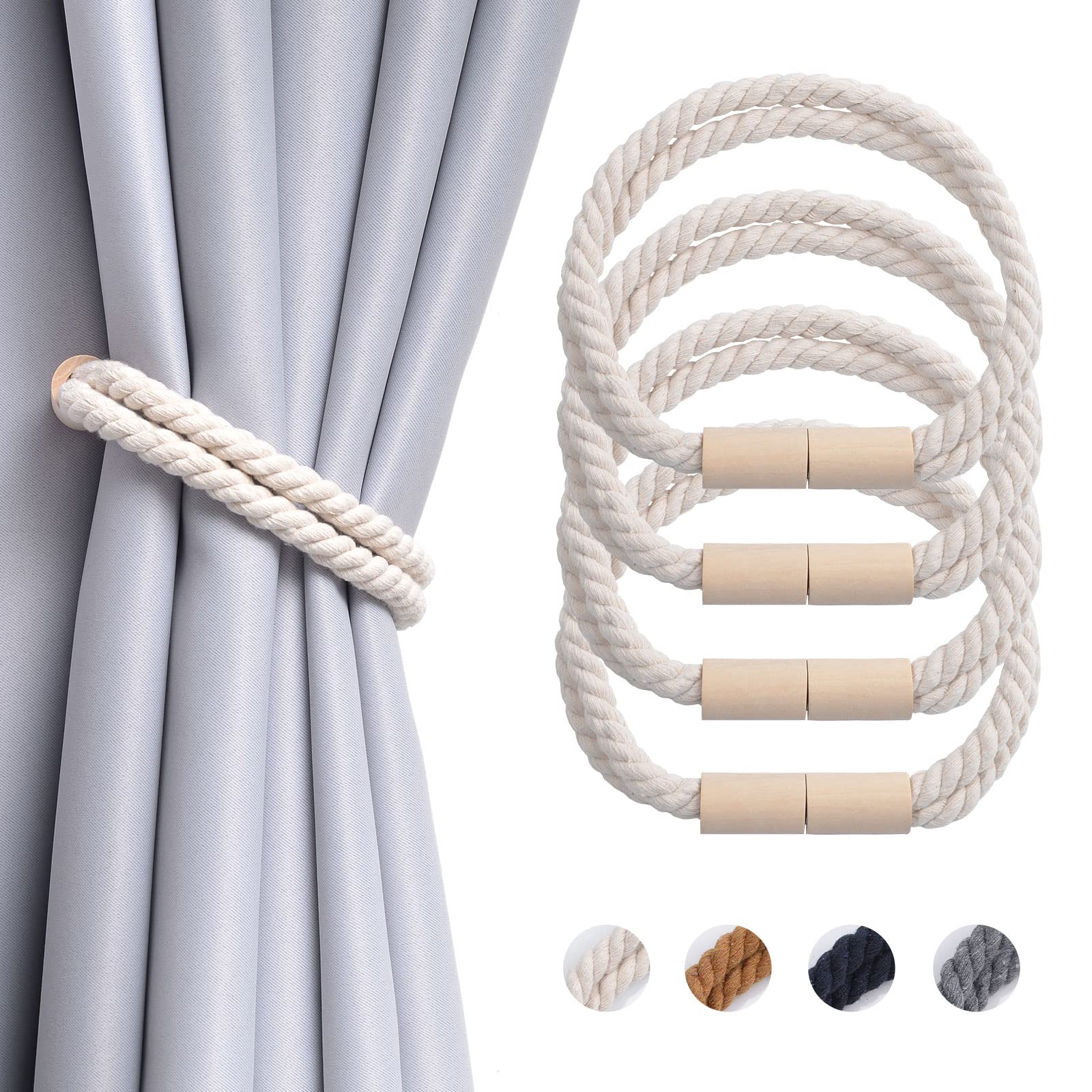 Pretty Jolly 4 Pack Wooden Magnetic Curtain Tiebacks Boho Decoration Drape Tie Backs Natural Cotton Handmade Double Rope Curtain Holdbacks for Thin or Thick Home & Office Window Drapery (New Beige)