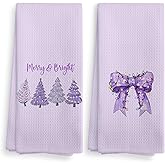 NOQL Girly Purple Christmas Tree Bow Decoration Kitchen Towels and Dishcloths Set of 2, Preppy Hand Towels, Merry and Bright Drying Cloth Hand Towels Tea Towels for Bathroom,16×24 Inch