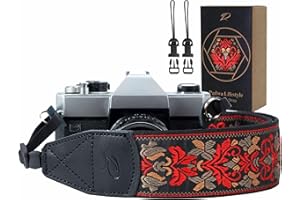 Padwa Lifestyle Camera Strap - 2" Wide Red Vintage Jacquard Embroidery Flower Camera Straps with Genuine Leather Head, Adjust