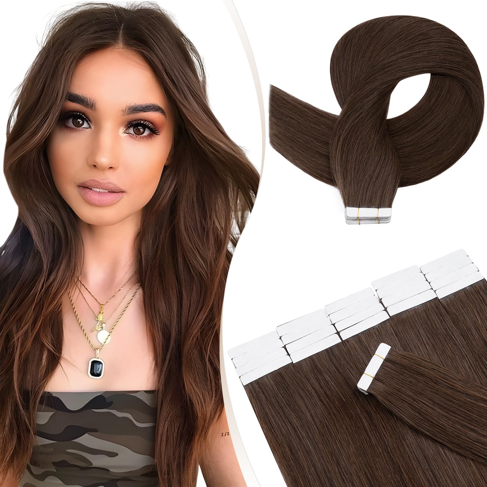 Elailite 20 Pcs Tape Hair Extensions Real Human Hair - Thin Type - Seamless Skin Weft Remy Hair Extension (#4 Medium Brown, 14 Inch)