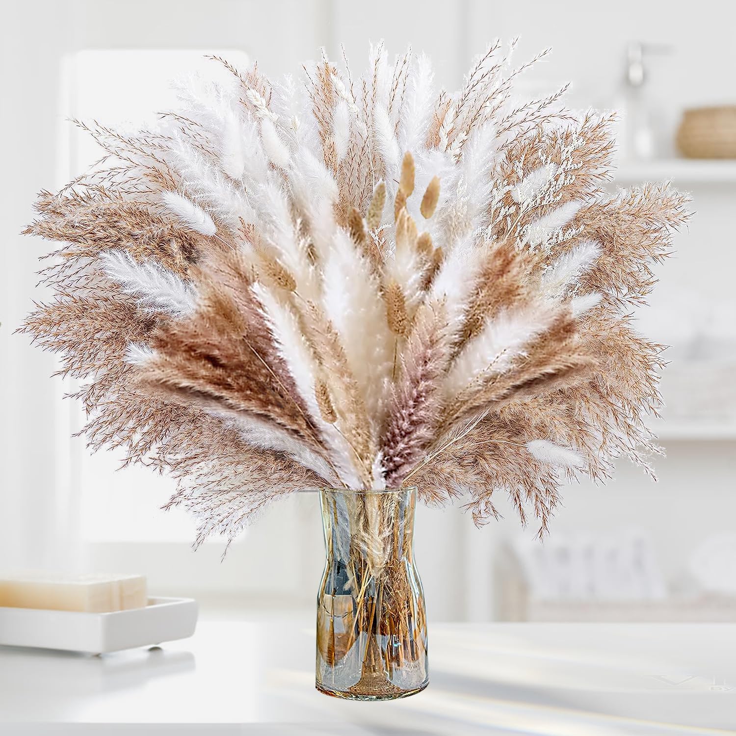 Dried & Preserved Flora - Natural Dried Pampas Grass Decor, Hicream 101 PCS Pampas Grass, Bunny Tails Dried Flowers, Reed Grass Bouquet for Wedding Boho Flowers, Long-Lasting Fall Home Table Decor, Rustic Farmhouse Party