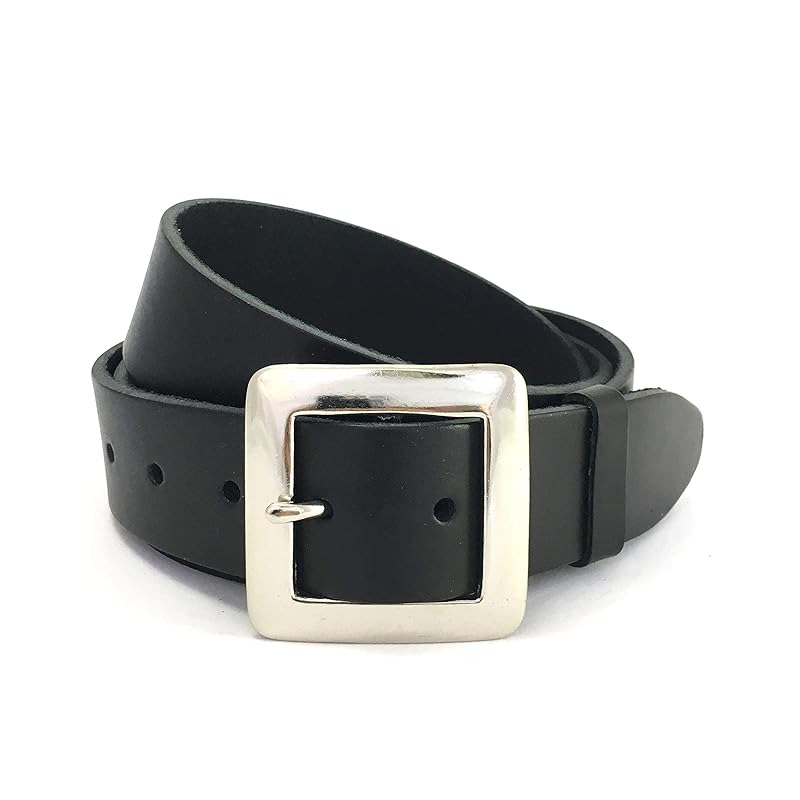 100 Natural Leather Belt Black with Silver Square Buckle 1 1/2 Inch