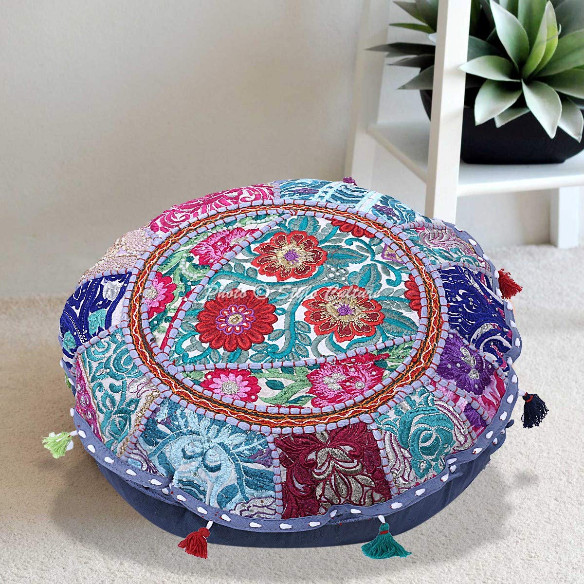 Stylo Culture Ethnic Round Indian Floor Pillow Scatter Cushion Cover Grey 45x45 cm Vintage Patchwork Hallway Boho Small 18 Inch Living Room Cotton Embroidered Chair Seating Cover