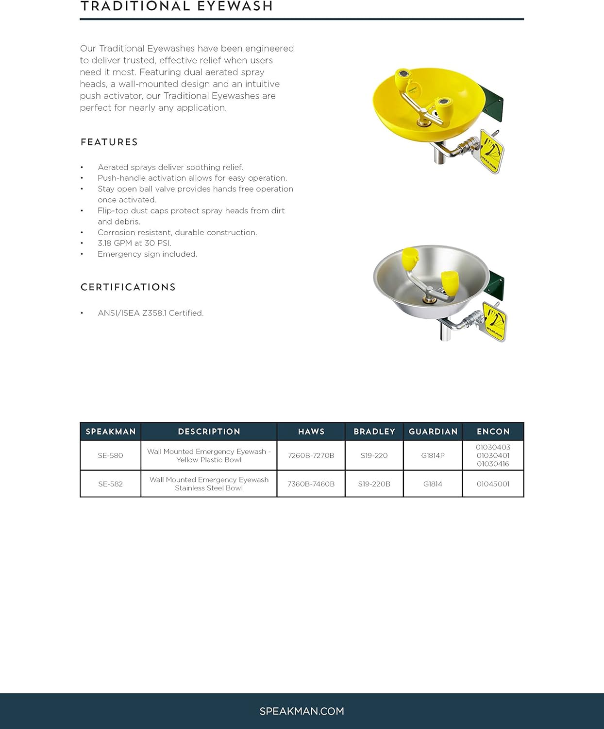 Speakman, Yellow SE-580 Traditional Series Wall-Mounted Emergency Eyewash - Science Lab Eye Wash Units - 