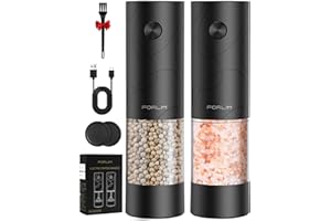FORLIM Electric Salt and Pepper Grinder Set, USB Rechargeable, Automatic Salt Pepper Mill Grinder with Dust Cover, One-Button Control, Adjustable Coarseness, Warm LED Light (2 Packs, Black)