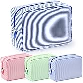 Sanwuta 3 Pcs Seersucker Makeup Bags Seersucker Cosmetic Bags Striped Women Large Travel Toiletry Organizer Preppy Storage Pouch for Embroidery Wedding Bridesmaid Gifts(Pink, Blue, Green)