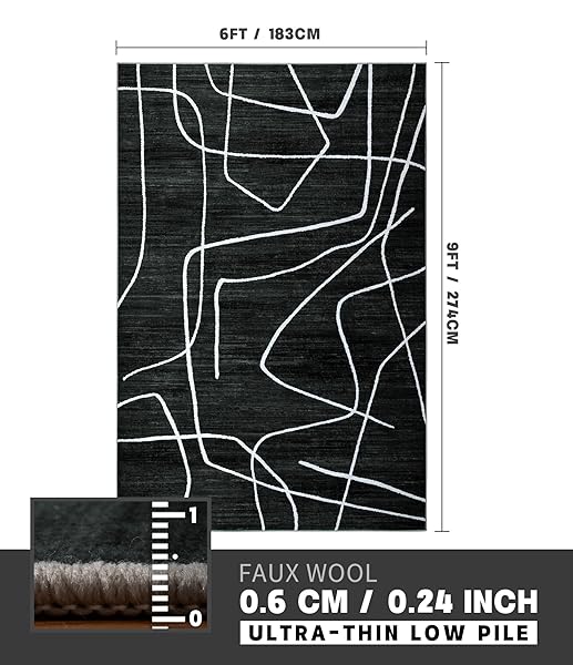 YIHOUSE WASHABLE AREA RUG 6’X9′-ABSTRACT BLACK AND WHITE RUG FOR LIVING ROOM BEDROOM, LARGE MODERN NON-SLIP ULTRA-THIN RUG HOME DECOR,BLACK ABSTRACT,6X9FT