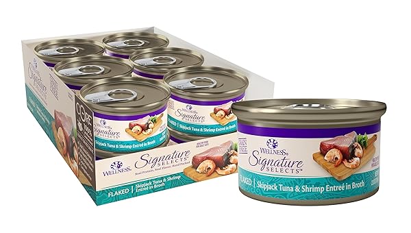 WELLNESS CORE SIGNATURE SELECTS SHREDDED ADULT CANNED WET CAT FOOD, NATURAL, PROTEIN RICH, GRAIN FREE, SKIPJACK TUNA AND SHRIMP ENTRÉE RECIPE, 2.8 OZ, PACK OF 12 CANS