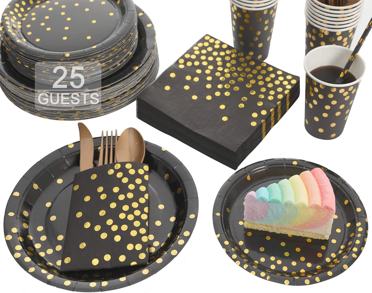 Gexolenu Black and Gold Party Plates set, Gold Foil Dot Disposable Dinnerware, including Paper Plates, Napkins, Cups, Straws, Plastic Forks Knives and Spoons for Birthday, Wedding (25 sets X 8 items)