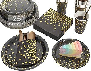 Gexolenu Black and Gold Party Plates set, Gold Foil Dot Disposable Dinnerware, including Paper Plates, Napkins, Cups, Straws, Plastic Forks Knives and Spoons for Birthday, Wedding (25 sets X 8 items)