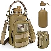 DEFUNX Half Gallon Water Bottle Insulated with Sleeve - Tactical 64 oz Stainless Steel Water Jug with MOLLE Water Bottle Pouch, Gym Water Bottles for Men Hiking Workout (Brown)