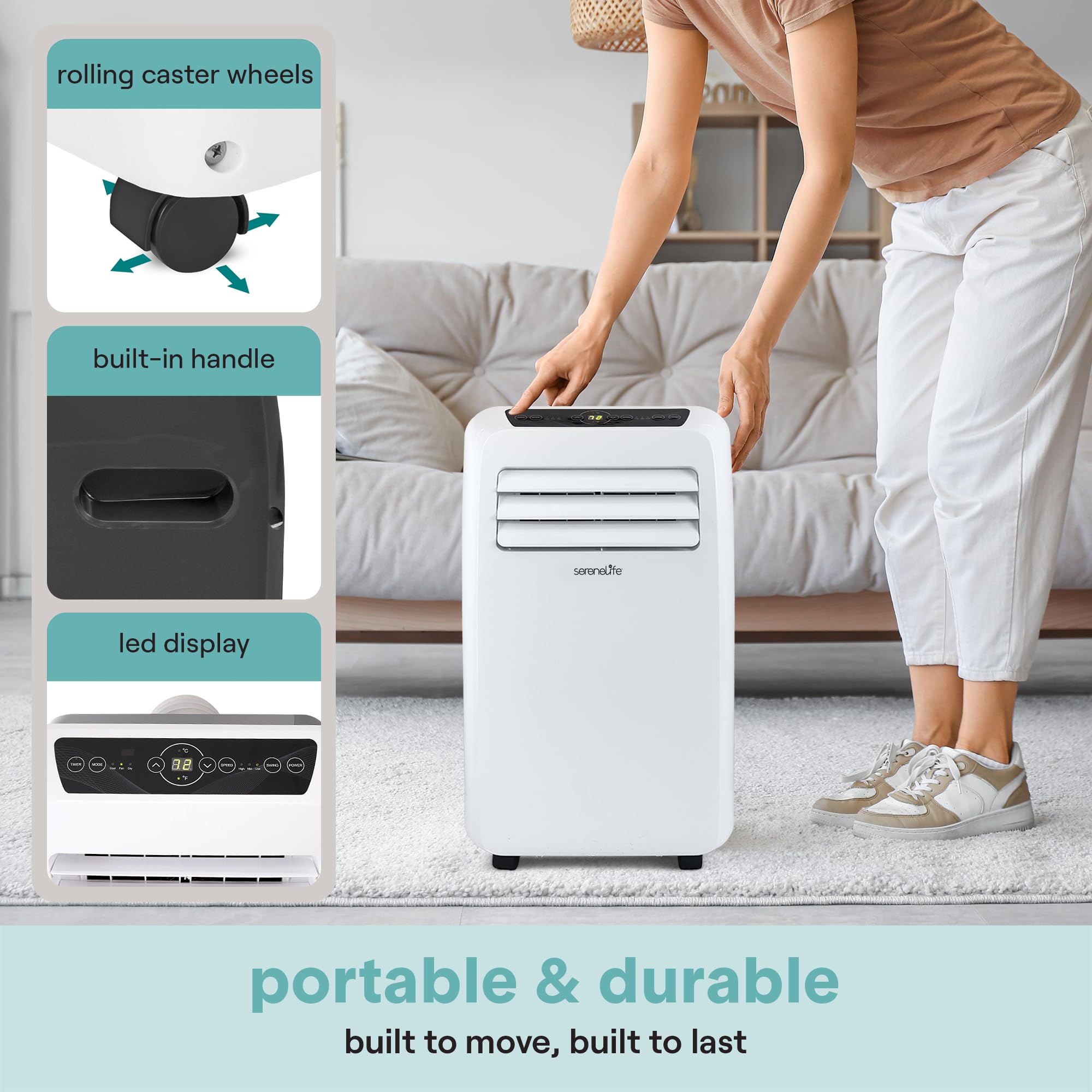 SereneLife Portable Air Conditioner With Heat & Built-in Dehumidifier 10,000 BTU, Portable Heater & AC For Rooms up to 450 Sq Ft - Remote Control & Window Mount Exhaust Kit Included