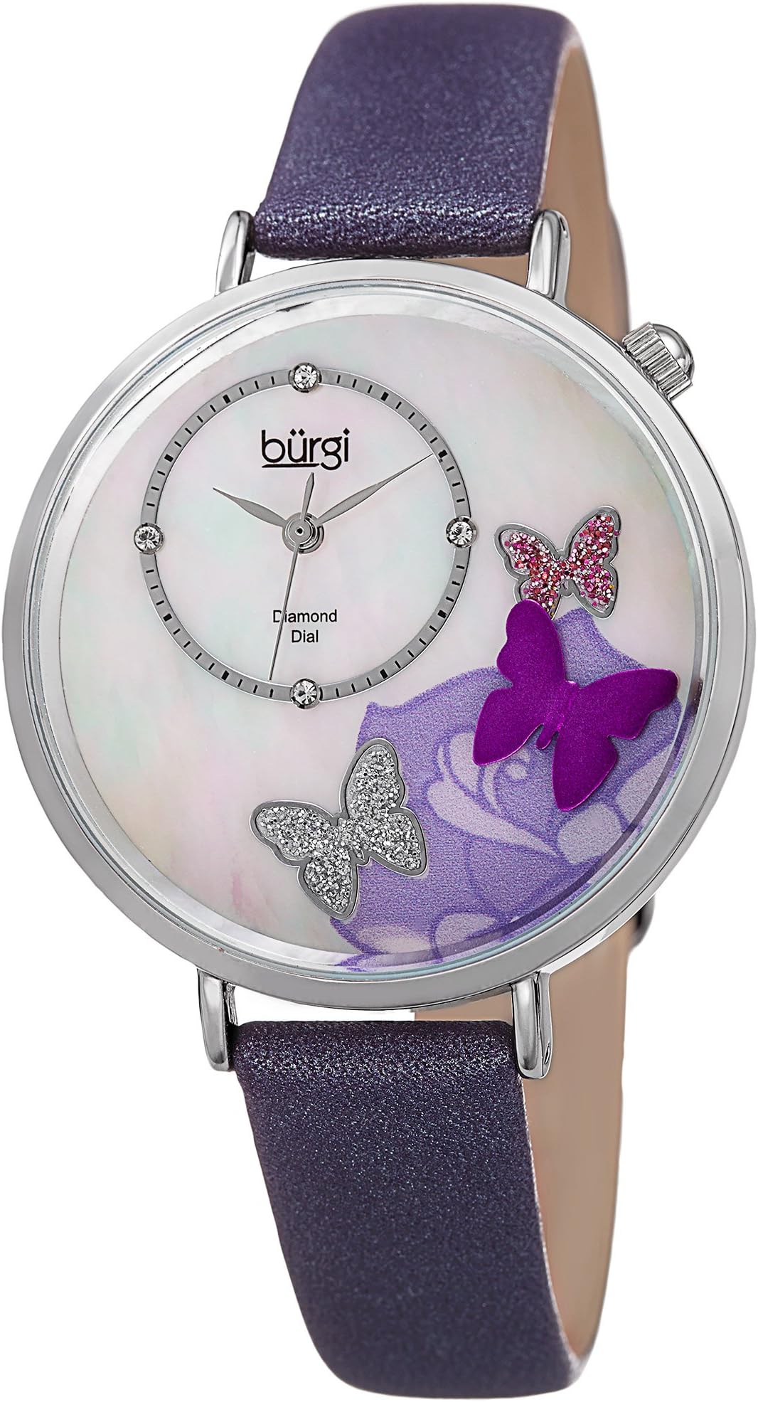 Skinny Brown Leather Women’s Watch with Crystal Butterflies, Genuine Diamond Markers and Flower Designs on Mother of Pearl Dial – Classic Round Analog Quartz – BUR158