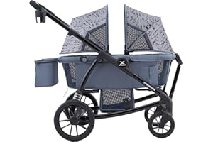 Xped Babe All-Terrain Wagon Stroller for Two Kids, Double Stroller with Push or Pull Handle, Canopy, Storage Basket, Dinner Plate, Oversized Damping Wheels, Mosquito Net and Rain Cover（Blue）