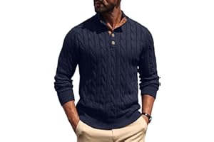 Askdeer Men's Cable Knit Sweater Long Sleeve Stand Collar Casual Vintage Pullover Button Knitted Sweaters