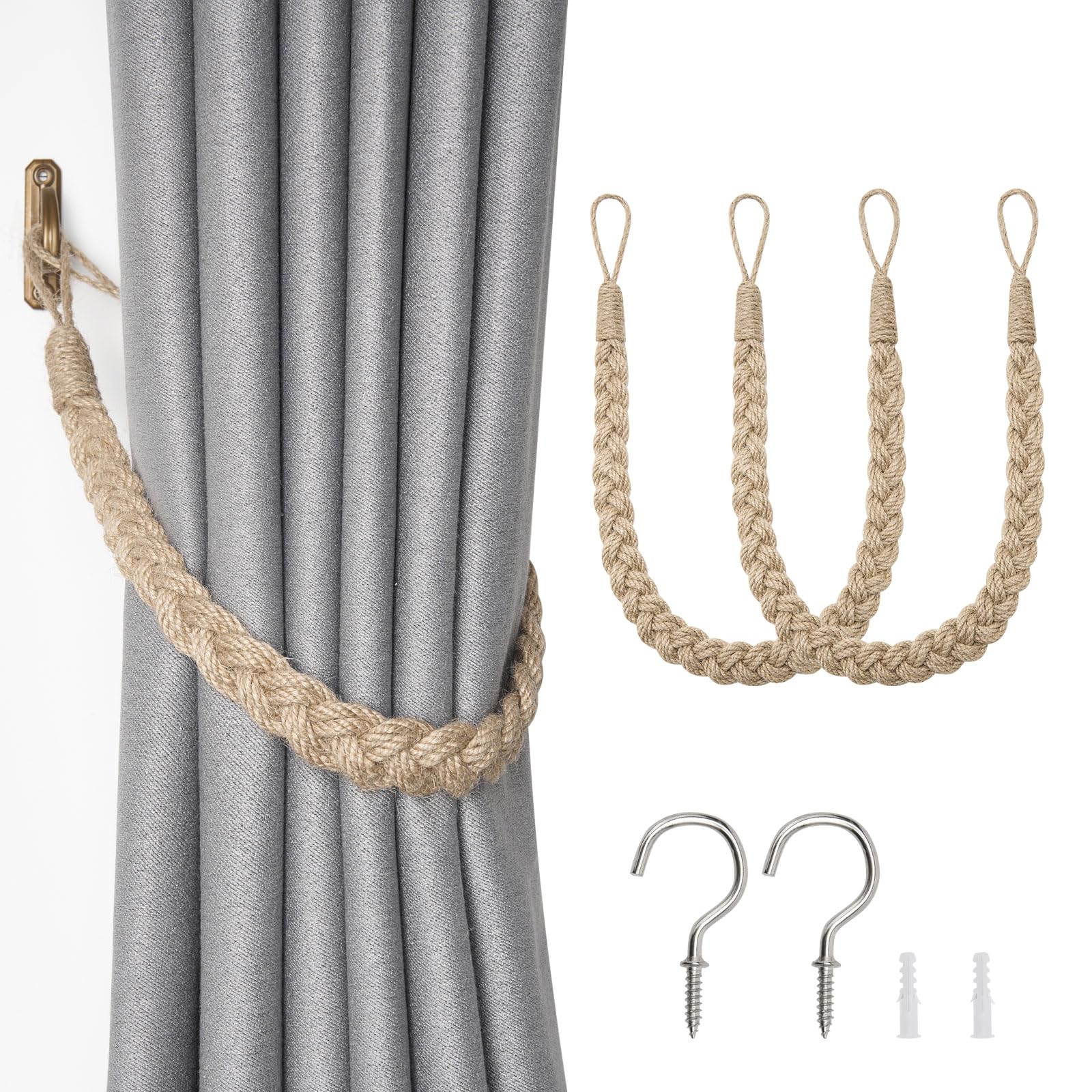 Pretty Jolly 2 Pack Natural Jute Rope Curtain Tiebacks Boho Rustic Style Decorative Drape Tie Backs Elegant Hand-Woven Rope Curtain Holdbacks with Metal Hook for Home & Office Drapery (Jute-Twist-N)