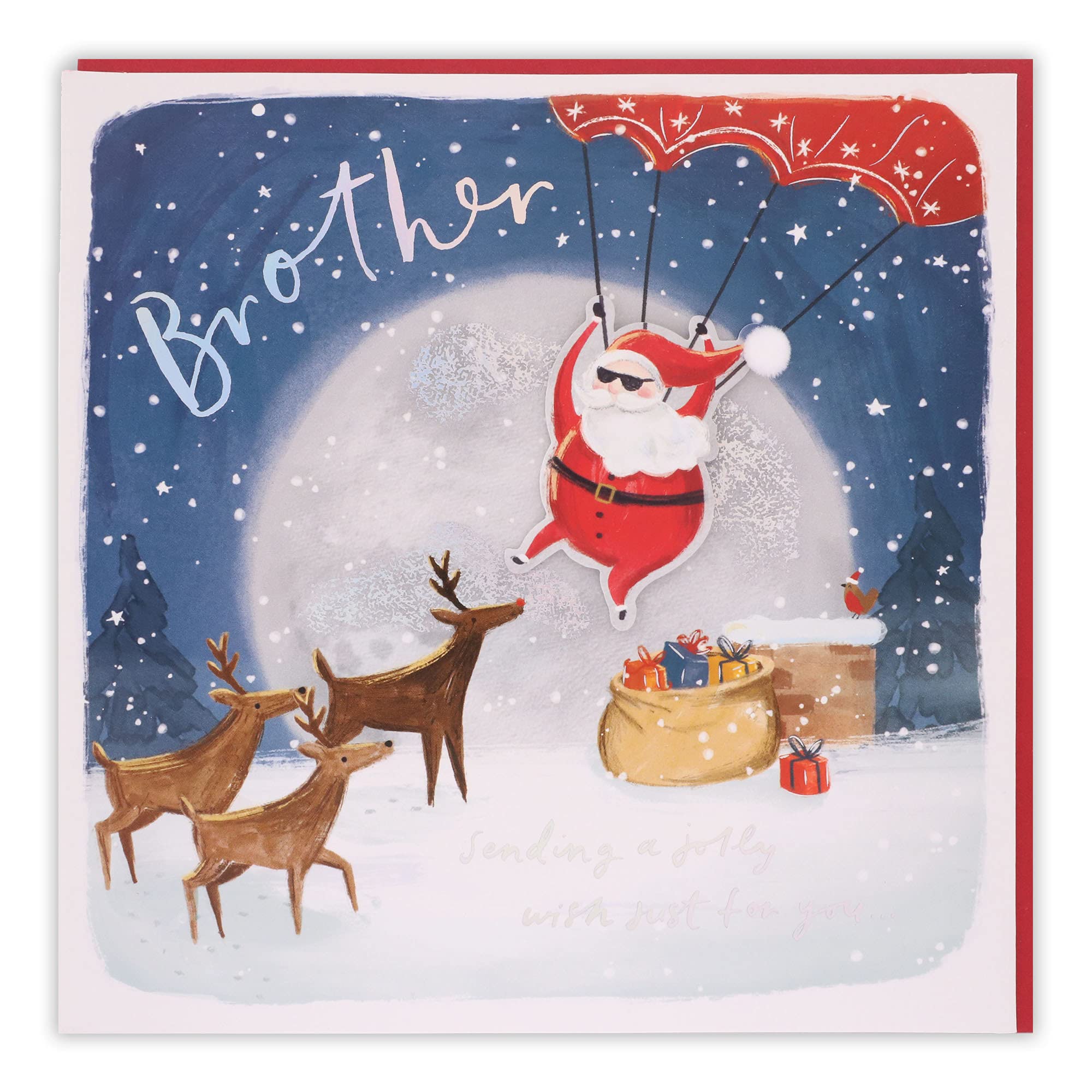 Clintons: Santa Parachuting in for Xmas with Reindeer, Christmas Card for Brother, Brother Xmas Card, Multi-Colour, 192 x 192, 1169253