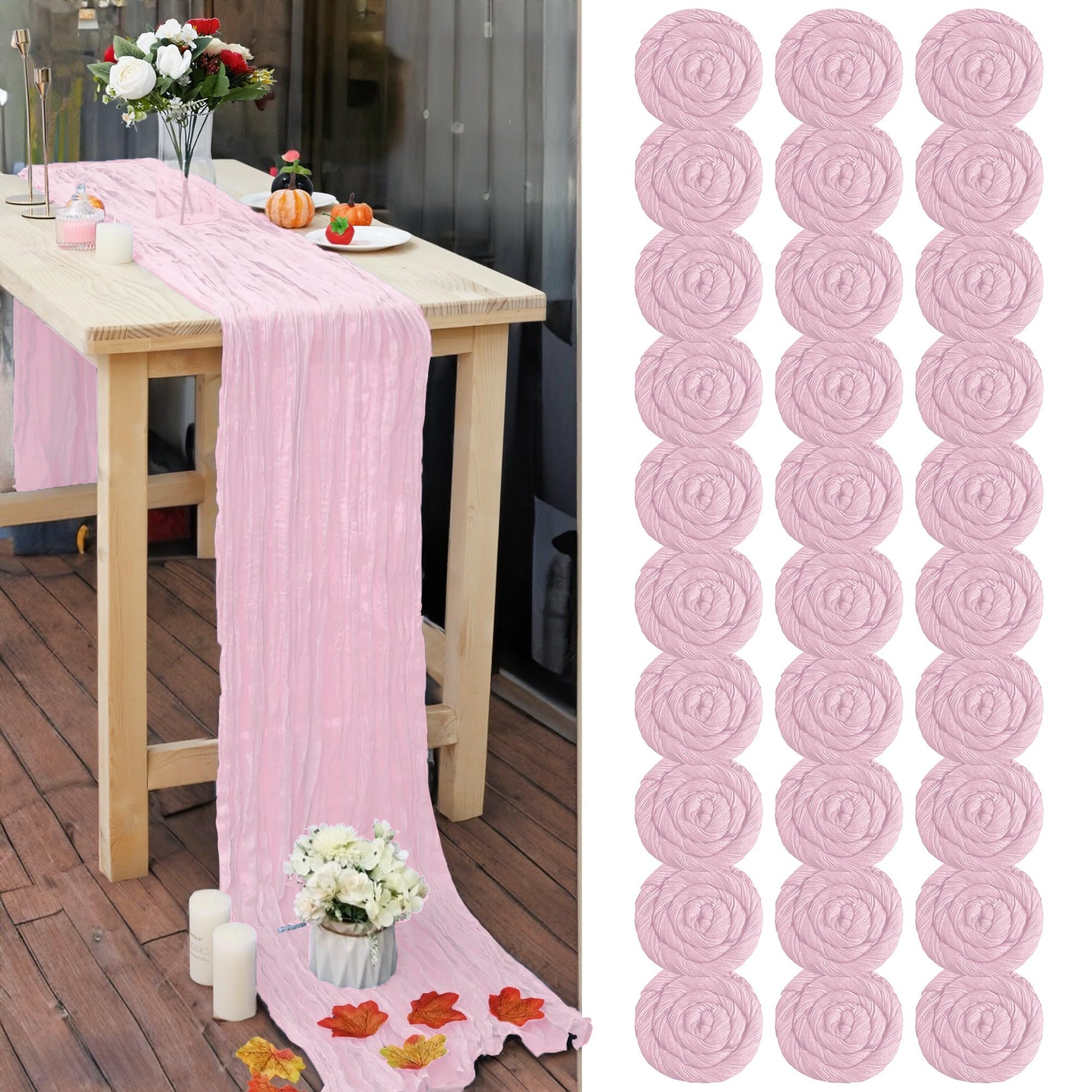 Photo 1 of 30 Pcs Pink 10FT Cheesecloth Table Runner 23" x120" Romantic Cheese Cloth Table Runner Rustic Boho Gauze Table Runners for Wedding Engagement Bridal Shower Birthday Party Anniversary Home Table Decor