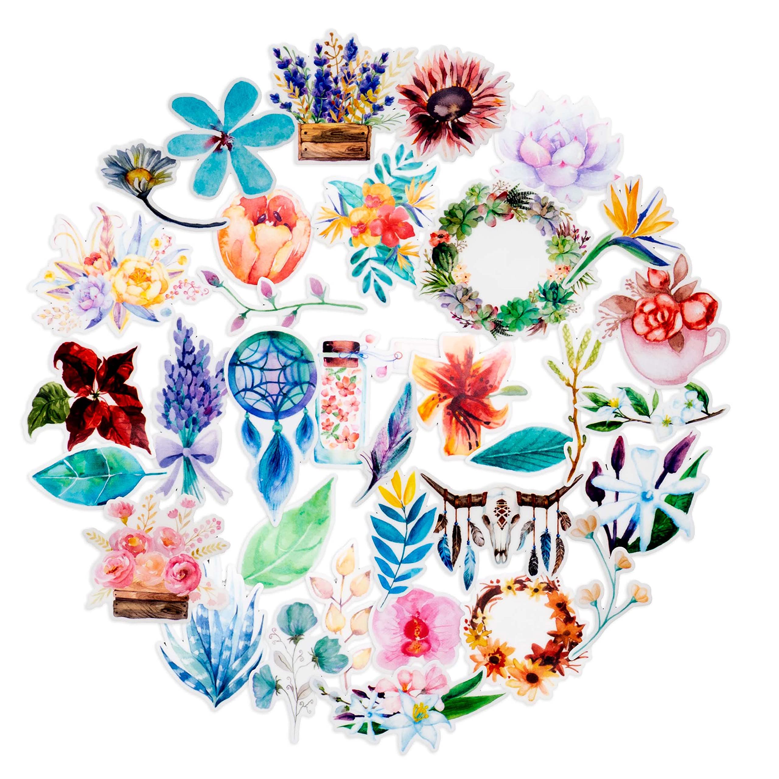 Navy Peony Garden of Dream Catcher and Spring Flower Stickers | Waterproof Plant Stickers for Water Bottles, Laptop Computer, and Scrapbook | Great Stickers for Children and Adults (32 Pieces)