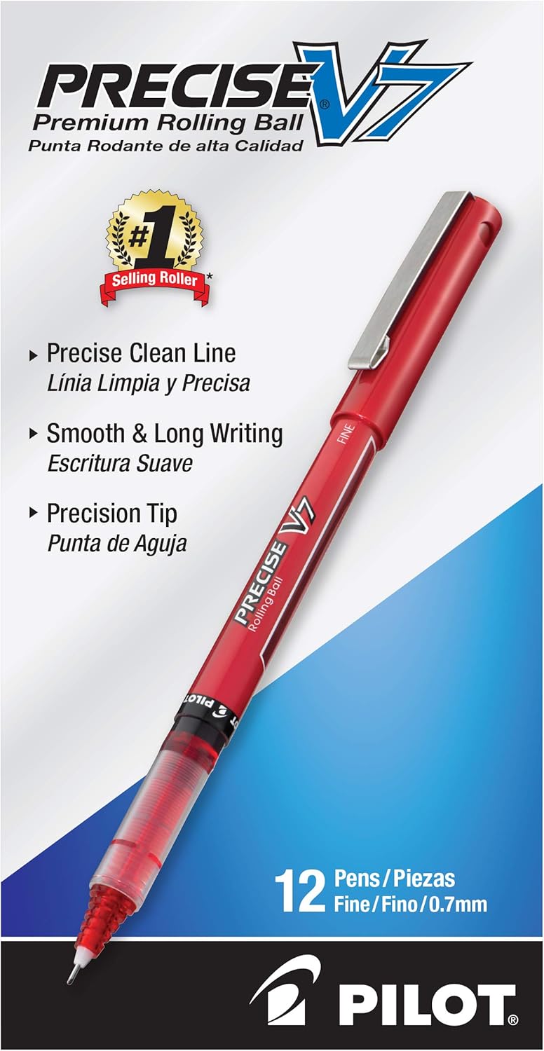 PILOT Precise V7 Stick Liquid Ink Rolling Ball Stick Pens, Fine Point (0.7mm) Red Ink, 12-Pack (35352) : Liquid Ink Rollerball Pens : Office Products