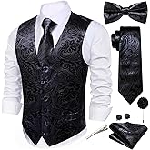 Barry.Wang Mens Vest Tie BowTie Set Shiny Floral Suit Vests Necktie Cufflinks Hanky Formal Waistcoat Wedding Party Disco 7PCS