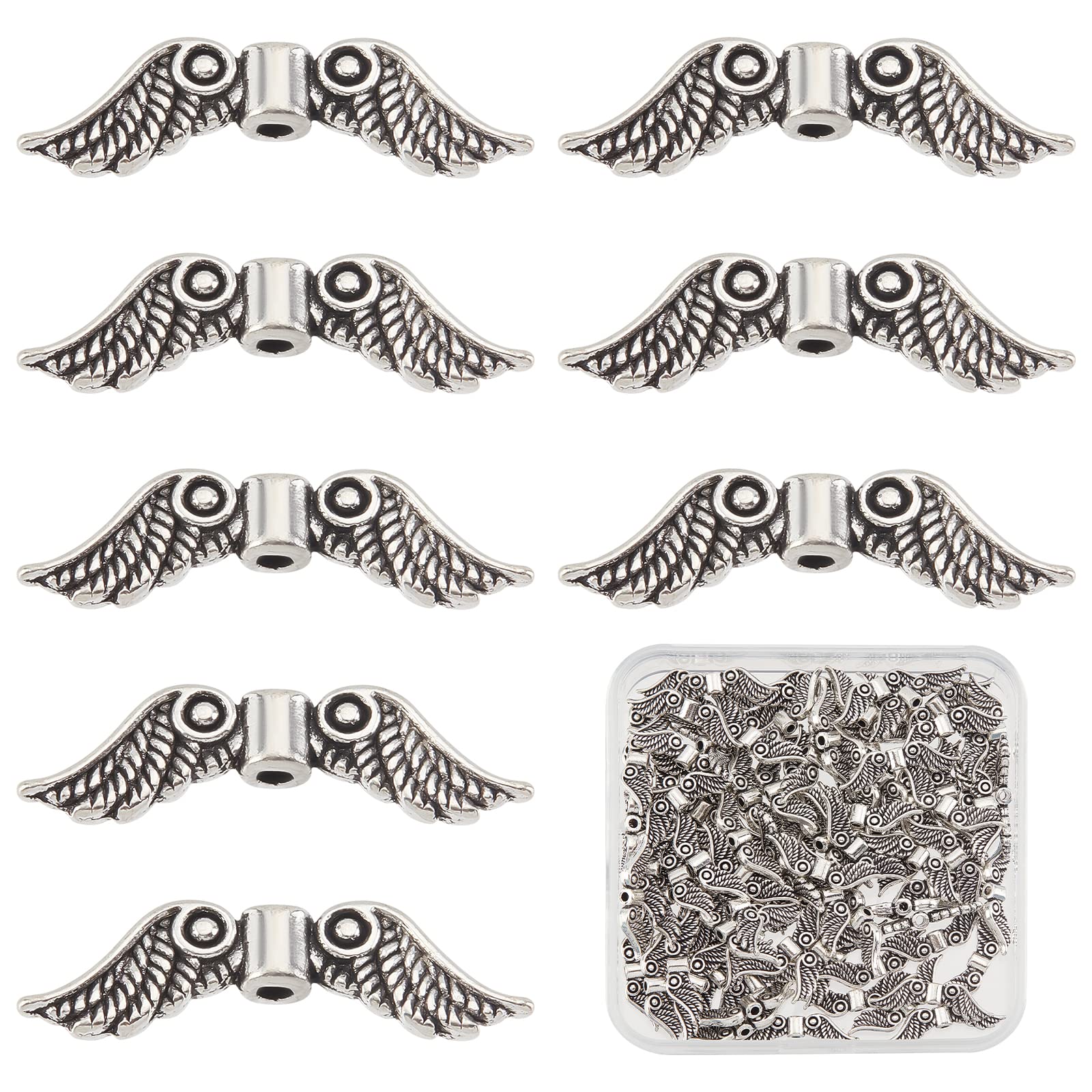 SUNNYCLUE 1 Box 100Pcs Angel Wing Beads Christmas Tibetan Style Alloy Wing Charms Fairy Angels Spacer Beads for jewellery Making Bracelet Earrings Necklace Women Adults DIY Craft Gift
