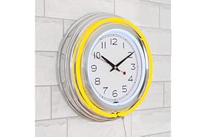 Neon Wall Clock- 14 Inch Round, Double Light Ring, Dual Power, Analog Quartz Timepiece- Retro Décor for Bar, Garage & Game Ro