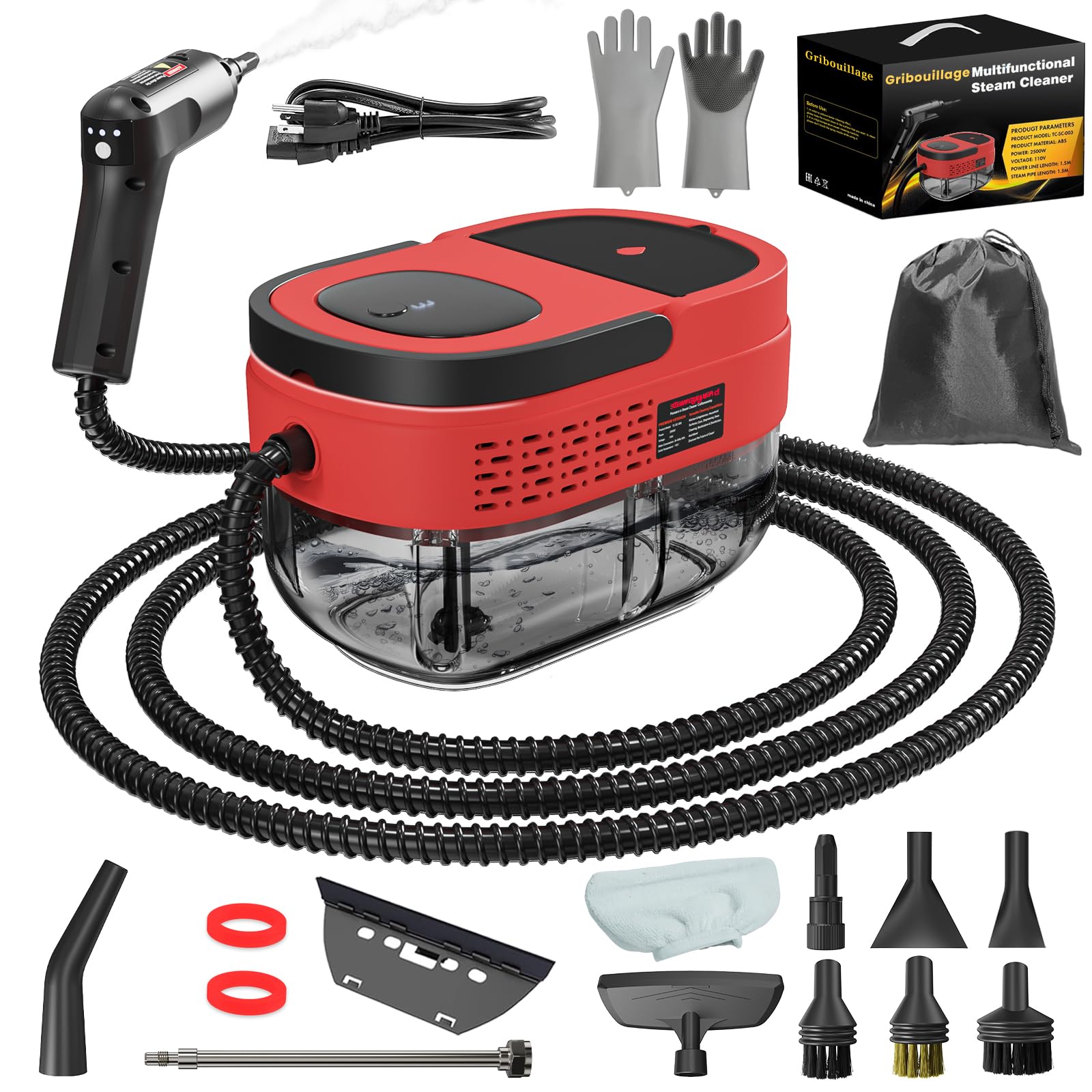 Photo 1 of Handheld Steam Cleaner for Home, 2500W High Temperature Pressurized Machine, 1.6L Water Tank, Handle-controlled Steam Output, Portable Cleaning Steamer for Car, Bed Bugs, Furniture, Grout (Red)