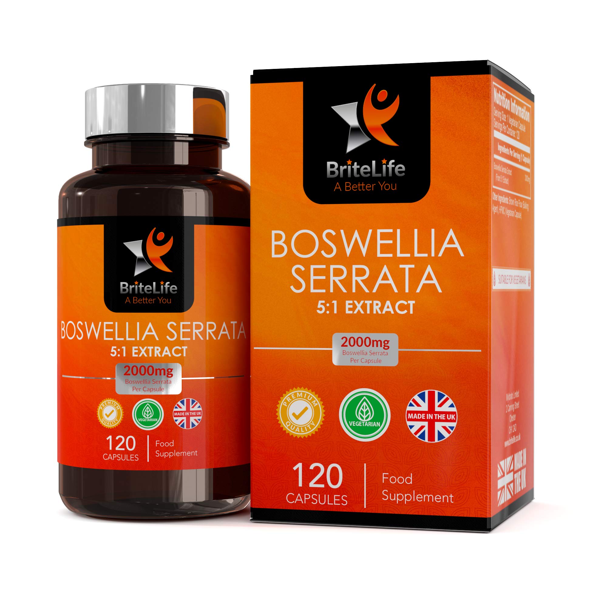 BL Boswellia Serrata Capsules | 120 High Strength Boswellia Extract 5:1 Capsules - 2000mg Boswelia Per Serving | Non-GMO, Gluten & Allergen Free | Manufactured in The UK