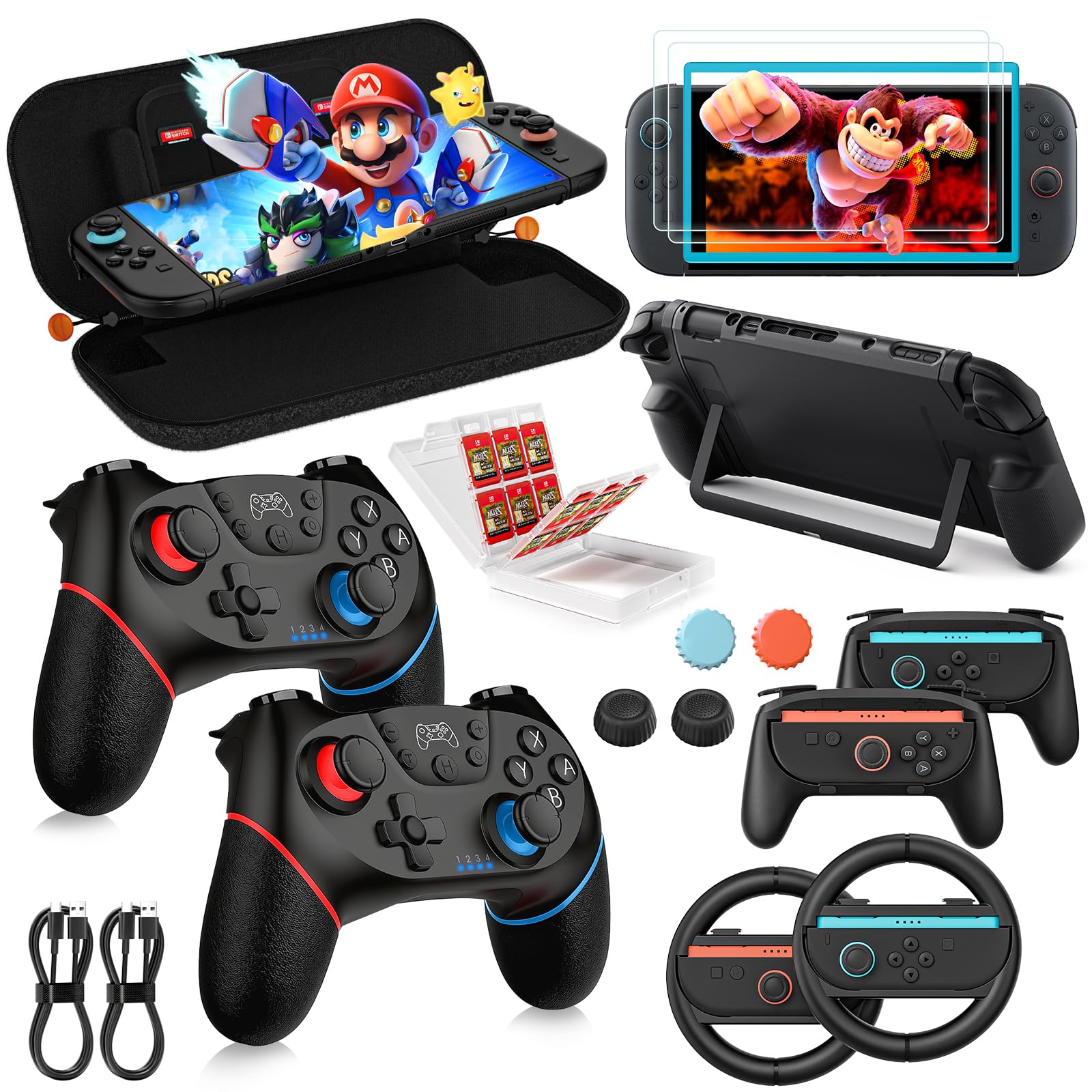 COOWPS 17-in-1 Switch 2 Pro Controller Zubehör-Bundle, Tragbare Tasche, Schutzfolie, Joy-Con Griffe, Lenkrad, Spielkarten-Etui, joystick kappen, Schutzhüllen für Switch 2 Konsole